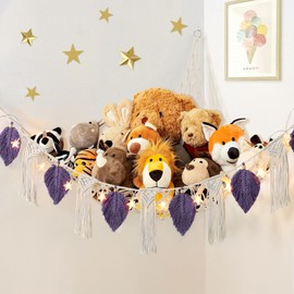 Dremisland Stuffed Animal Toy Net Hammock with Star Light Boho Leaf Macrame Tassel Corner Toy Organizer Bohemian Woven Decor Display Holder for Girls Room Nursery Kids Bedroom Play Room Decor (Purple)