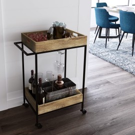 SIMPLIHOME Simons 24 Inch Wide SOLID MANGO WOOD Industrial and Contemporary Bar Cart in Natural, For the Living Room, Dining Room and Kitchen