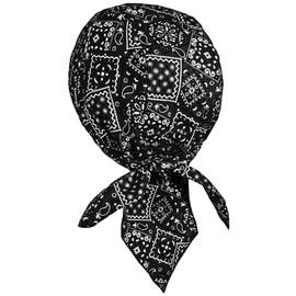 Western Paisely Doo Rag w/Sweatband Made in America Skull Cap for Men Women (Reg Black with White Paisley Dorag)
