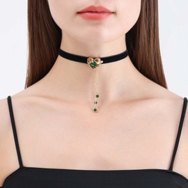Dervivea Vintage Heart Velvet Choker Necklace Black Collar Necklace Enamel Heart Necklace Heart Velvet Necklace Emerald Tassel Necklace Jewellery for Women, Zinc, No Gemstone