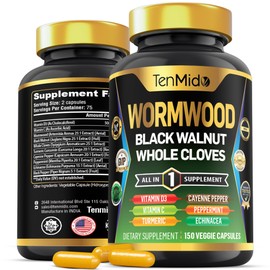 Tenmido Wormwood Capsules Supplement for Men and Women, 10in1 Formula with Black Walnut, Whole Cloves, Turmeric, Cayenne Pepper & More - Digestive, Immune Support - Nutrient Rich - 150 Capsules