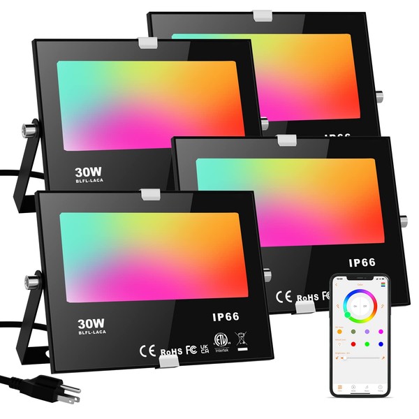 LED Flood Lights RGB Color Changing 300W Equivalent Outdoor, 30W Bluetooth Smart RGB Floodlight APP Control, IP66 Waterproof, Timing, 2700K&16 Million Colors 23 Modes for Garden Stage Lighting 4 Pack