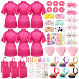 ZhouBoat 60 PCS Spa Party Favors for Girls Sleepover Party Supplies Robes Spa Headband Slippers Nail Files Decals Hair Comb for Girl, (Rose Red,10)