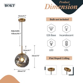 BOKT Mid Century Modern Gold Globe Pendant Lights Kitchen Island One Light Smoke Gray Glass Indoor Hanging Light Fixture Vintage Large Brushed Brass Ball Pendant Lamp for Bedroom (7.9"-Smoke Gray)