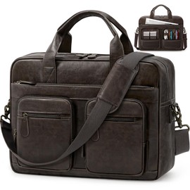 RAINSMORE Vintage Messenger Bag for Men PU Vegan Leather Computer Laptop Bag 15.6 Inch Waterproof Briefcases for Men Retro Mens Briefcase Satchel Bag for Work Office Business Travel Coffee