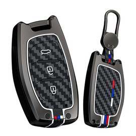 HIBEYO Key Fob Cover Compatible with Hyundai Tucson Sonata Fe Creta Mistra Elantra Ioniq Venue IX35 I10 I20 I30 I40 Santa Fe Accessories Alloy Carbon Fiber Key Shell with Keychains-3 Button B Black