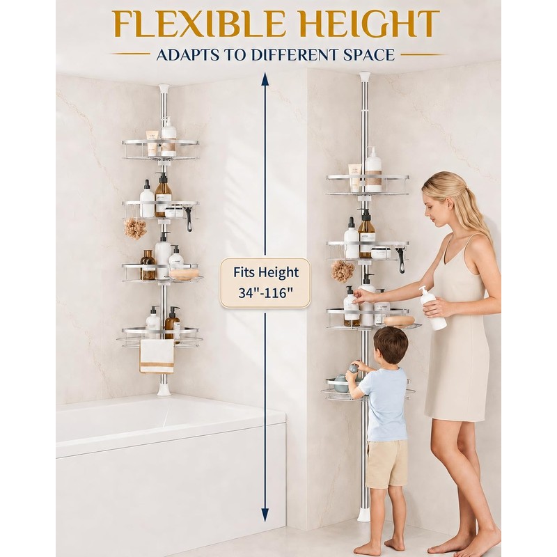 SEIRIONE Rustproof Shower Corner Caddy Organizer for Bathroom, 4 Adjustable