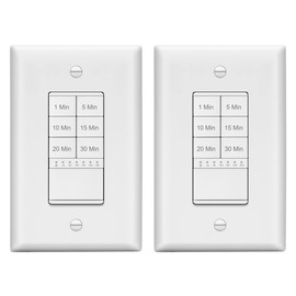 LIDER 30-Minute Countdown Timer Switch with Wall Plate, 1-5-10-15-20-30 Minutes, for Lighting or Fans, LED Indicator, 1200W, Neutral Wire Required, LTS-30M-WWP2P, White, 2-Pack