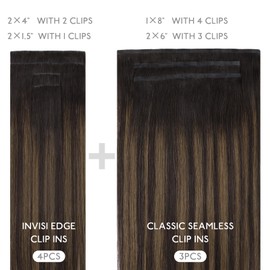 WENNALIFE Invisi Edge & Classic Seamless Clip in Hair Extensions Real Human Hair, 16 Inch 130 7pcs Balayage Dark Brown Mixed Chestnut Brown Hair Extensions for Women Invisible Straight Injection