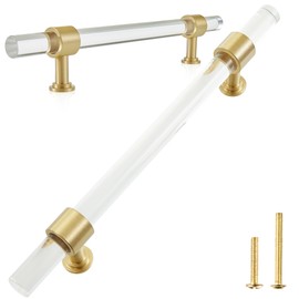 QOGRISUN 2-Pack Acrylic Cabinet Pulls with Brass Base, Gold Modern Drawer Handles, 7-9/16-inch Hole Center for Kitchen, Dresser Drawer Clear Glass Crystal Pulls, 10.2-inch Total Length