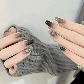 Yurixbox Nail Tip, Long, Black, Mine System, Korean Nail (Black x Gray)
