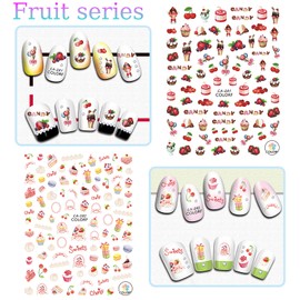 WAFOLOZE 9 Sheets Fruits Nail Stickers for Girls,Strawberry&Pineapple Nail Decals 3D Self-Adhesive Nail Stickers for Nail Art,Kids Nail Stickers Text Fragments Design Holiday Nail Stickers for Women