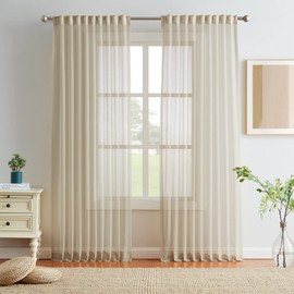 Melodieux Curtains Light Beige - Curtains with Ruffle Tape, Transparent Curtain for Hallway and Entrance Area (Set of 2, 260 x 140 cm)