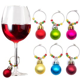 6 Piece Christmas Wine Glass Charms Holiday Wine Charms for Stem Glasses,Wine Glass Markers Tags for Stem Glasses with Colored Balls Designs, Zinc Alloy Wine Charm Rings Decorations Supplies