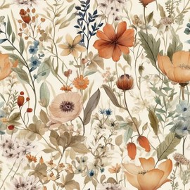 Livelynine Watercolor Floral Wallpaper Peel and Stick Vintage Farmhouse Wildflower Wallpaper Boho Green Blue Terracotta Beige Tan Removable Neutral Cottage Core Floral Contact Paper Walls 17.5x78.8