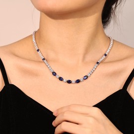 FANCIME Sterling Silver Created Sapphire Tennis Necklace September Birthstone Necklace with 4mm CZ 6 * 8mm Oval Sapphire Gemstone Luxury Jewelry for Women 18"