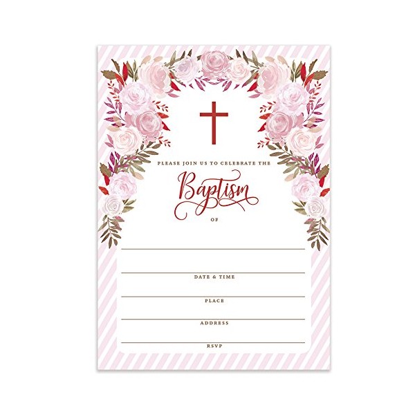 DB Party Studio Girl Baptism Invitations with Envelopes ( Pack of 25 ) Pink Christening Invite Large 5x7" Religious Celebration Christian Church Blessing Baptismal Dedication Fill In the Blank VI0095B