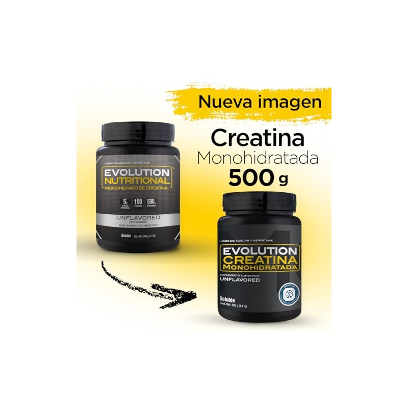 EVOLUTION, Creatina Monohidratada, Suplemento Alimenticio, 100 Porciones, 500g, Sin Gluten,