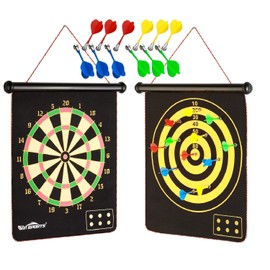 WIn SPORTS Magnetic Dart Board Kids Game,Two Sided Roll Up Dartboard,Indoor Outdoor Game,15 Inch Kids Darts Board,Includes 12 Magnetic Safe Darts,Easily Hangs Anywhere