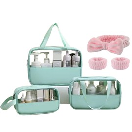 Clear Toiletry Bag, 3pcs Makeup Bag with Zippers, Handing Travel Accessories Portable Waterproof Cosmetic Wash Bags (Green)