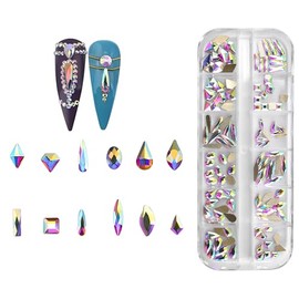 Jollin 120pcs Flatback Rhinestones Glass Charms Diamantes Gems Stones for Nail Art Box Multi Shapes Crystal AB