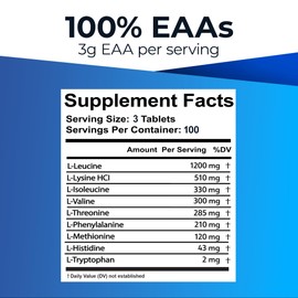 Ultimate 100% Essential Amino Acid Supplement for Cutting, Fasting & Workouts - All 9 EAAs, 40% Leucine — Ideal BCAA Ratio for Energy, Muscle & Recovery - 300 Easy-to-Swallow Keto & Vegetarian Tablets