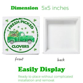 St. Patricks Day Decor Fresh Picked Clovers Wooden Sign, St Patricks Day Decorations Shamrock Truck Wood Plaque Block Sign Rustic Home Decor 5 x 5 Inches