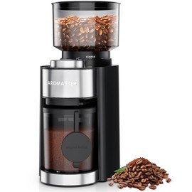 Aromaster Burr Coffee Grinder, Coffee Bean Grinder with 25 Grind Setting, 2-12 Cups Timer, Conical Coffee Grinders for Home Use, 3-Ears Portafilter Holder, Cleaning Brush, Black