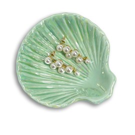 GO2HEJING Ceramic Shell Ring Holder Dish, Small Shell Trinket Dish for Women, Ceramic Beachy Jewelry Plate Bowl for Earrings Necklace, 3.9", Ice Green Iridescent Surface