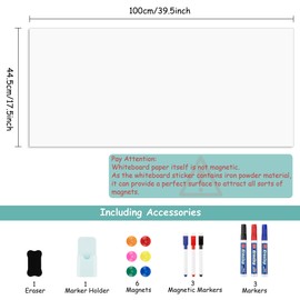 Pechor Magnetic Dry Erase Whiteboard Paper, 17.5"x 39" Self Adhesive White Board Sheet Roll for Wall, Office Home School Supplies with 6 Markers, 6 Magnets,1 Eraser,1 Holder
