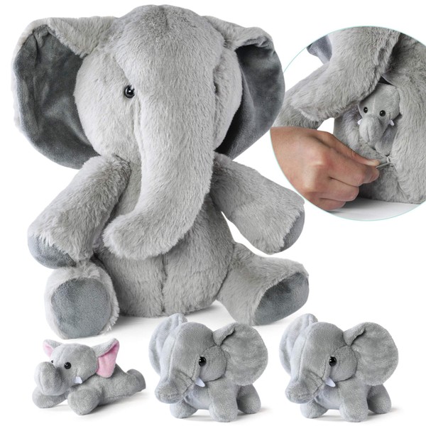 PREXTEX Plush Elephant Toys Stuffed Animal w/ 3 Elephant Baby Stuffed Animals - Big Elephant Zippers 3 Little Plush Baby Elephant - Elephant Plush Toys for Kids 3-5 - Great Gift for Elephant Lovers