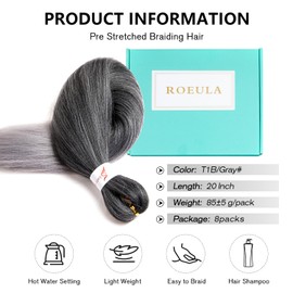 Roeula T1B/Grey Pre Stretched Braiding Hair 24 Inch 8 Packs Ombre Off Black to Silver Grey Braiding Hair Pre Stretched Synthetic Braids (T1B/Grey, 24 Inch (pack of 8))
