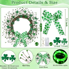 Thick & Timer - St Patricks Day Decorations,18 Inch St Patricks Day Shamrocks Wreath for Front Door, 20 Green Lights Clover Berries Spring Wreath Battery Operated St. Patrick's Day Door Decorations