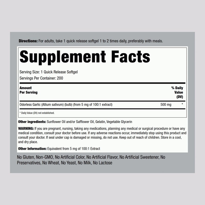 Piping Rock Odorless Garlic Supplement | 200 Softgels | Concentrated