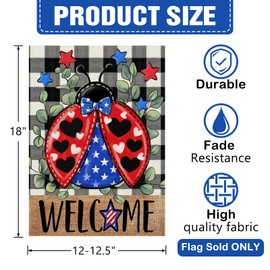 Dyrenson Welcome 4th of July Ladybug Patriotic Decorative Garden Flag, America Buffalo Plaid Check Leaves Yard Outside Home Decoration, American USA Farmhouse Outdoor Small Decor Double Sided 12 x 18
