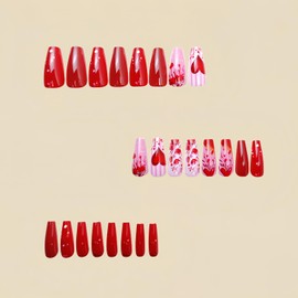 Valentine's Day Red Press on Nails Medium Red Heart Rose Flower Design Acrylic Nails Full Cover Glossy Valentine's Nails Artificial Stick on Nails Holiday Glitter Coffin Nails Glue on Nails for Women