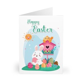 Joyful Easter Greeting Card with Bunny, Birdhouse, and Sun Design