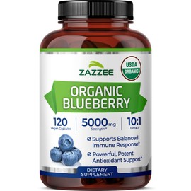 Zazzee USDA Organic Blueberry 10:1 Extract, 5000 mg Strength, 120 Vegan Capsules, 4 Month Supply, Concentrated and Standardized 10X Whole Fruit Extract, 100% Vegetarian, Non-GMO, Made in The USA
