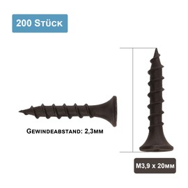 ORTAVA Pack of 200 Drywall Screws 3.9 x 20 mm, Drywall Screws Coarse Thread and Phillips Phosphated with Screwdriver Bit, Plasterboard Screw, Wood Screws (Black)