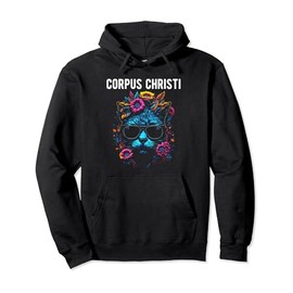 Corpus Christi Cat Wearing Sunglasses and Flowers Design Pullover Hoodie