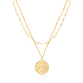 KOOUNUATA 18K Gold Lion Medallion Pendant Necklace 3D Lion Head Paper Clip Cuban Chain Choker Layering Necklace Sets for Women Round Circle Disk Statement Jewelry 18’’