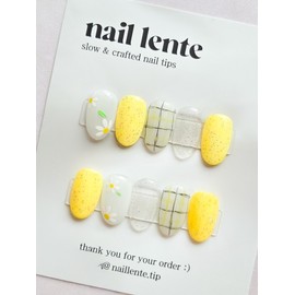 Daisy flower nail check drawing handmade nail tip - Ballerina / 데이지꽃네일 체크드로잉 수제네일팁 - 발레리나