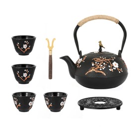 Dyna-Living Cast Iron Teapot Japanese Tea Kettle Set 1200ml/40.6oz Japanese Cast Iron Teapot Set with 4 Tea Cups Japanese Style Tea Pot with Infuser Cast Iron Tea Kettle for Tea Lover