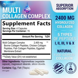 Multi Collagen Peptides Supplement for Hair, Nail, Skin - Type I, II, III, V, X, Collagen Powder Pills - Grass-Fed, Hydrolyzed for Bone and Joint Support for Women & Men, Non-GMO - 60 Capsules