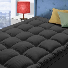 Full Size Mattress Topper for Back Pain, Cooling Extra Thick Mattress Pad Cover with 8-21 inch Deep Pocket, Plush Pillow Top Mattress Topper Overfilled with Down Alternative, Full Size, Black