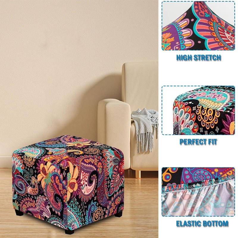 Lussenwert Ottoman Cover Square Stretch Printed Square Ottoman Cover Thick