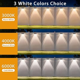 Solar Fence Lights Outdoor, 8 Pack Fence Lights Solar Powered, 3 Color Modes Warm/Natural/Cool White (3000K/4000K/6000K), IP67 Waterproof Dusk to Dawn Solar Lights for Fence, Backyard, Patio, Deck
