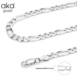 Aka Gioielli® - Flat Figaro Chain 5.2 mm 925 Sterling Silver Rhodium-Plated - Men's Women's Necklace Lengths: 45 50 55 60 65 70 75 cm, Sterling Silver
