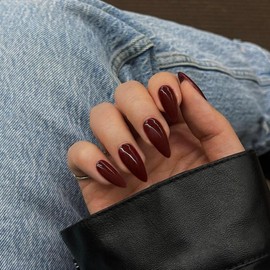 Dark Red Press on Nails Almond Shaped Nails Press ons, Medium Fake Nails Almond Acrylic Nails Glue on Nail Medium Length False Nail for Women Thick Natural Gel Stiletto 24Pcs