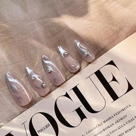 Dikixe Long Almond Nude Glossy Press On Nails with Painted Flames Lines, Acrylic Nails 24 Pcs Handmade Durable Salon Reusable Fake Nails with Strong Nail Adhesive Tabs for Women Girls